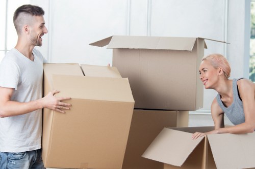 Professional movers handling boxes in a London residential street